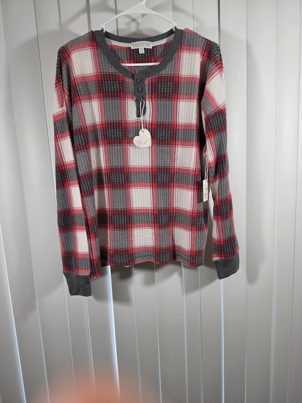 P.J. Salvage Red and Gray Plaid Waffle Henley Sweater